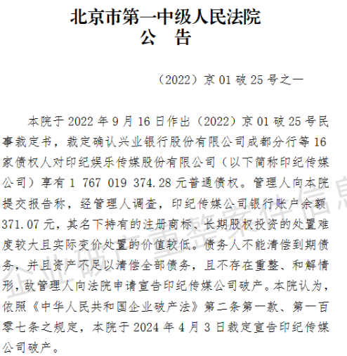 知名影视巨头印纪传媒宣告破产！账户仅剩371元